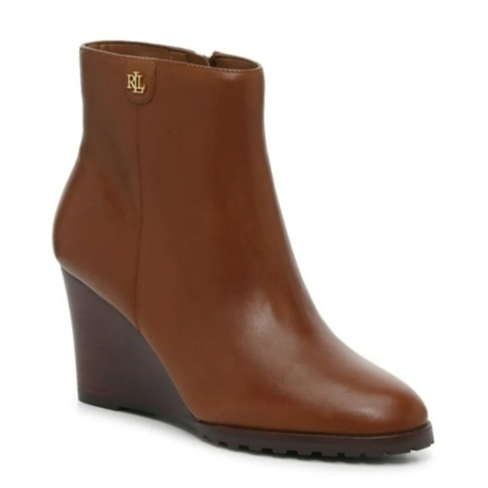 LAUREN Ralph Lauren Shaley Calfskin Wedge Bootie Deep Saddle Tan -7.5 - Picture 2 of 10